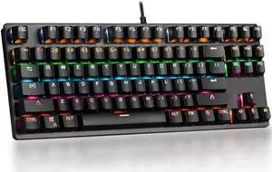 Mechanical Keyboard 87 Keys Small Compact Multicolour LED Backlit Wired USB Gaming Keyboard with Blue Switches, Metal Construction, Water Resistant for Windows PC Laptop game