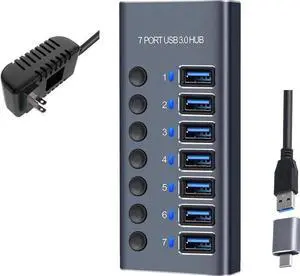 7-Port USB 3.0 Hub with Power Adapter - USB-A Hub with Individual On/Off Switches - [Durable Aluminum] - High Speed USB 3.0 (5Gbps) - (5Gbps) Hub