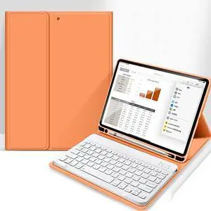 aoub Case for iPad 9th/8th/7th Generation 10.2 inch, Stand Folio Detachable Wireless Bluetooth Keyboard Cover Soft TPU Back Case with Pencil Holder for iPad 10.2 2021/2020/2019, Orange