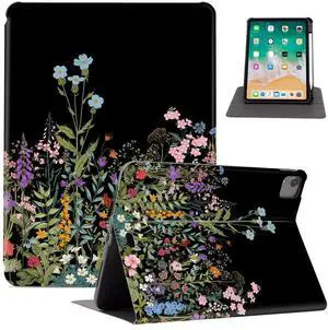 Lalumix for iPad Air M3/M2 11 Inch Case 2025/2024, for iPad Air 5Th/4Th Generation Cover, for iPad Pro 11 Inch Case 4th/3rd/2nd/1st Generation, 360 Degree Rotating Pencil Holder, Slim, Black Flowers