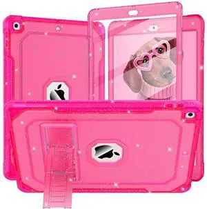 ZoneFoker Case for iPad Air 2 Case, for iPad 6th/5th Generation 2018/2017, for Apple iPad 9.7 inch with Screen Protector/Stand, Glitter Hot Pink Full-Body Coverage Slim Cover for Girls Women Kids