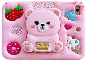 for iPad A16 Case 11th Generation 11 Inch 2025/for iPad 10th Generation Case 2022 10.9 Inch - Cute Cartoon Soft 3D Silicone Bear Cover with Strap & Stand for Girls Girly