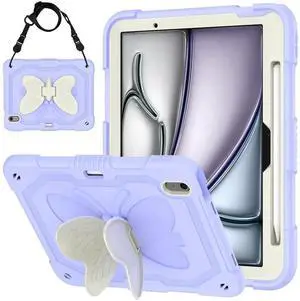 Case for iPad Air 11 inch M2 2024, Cute Butterfly Wings Shockproof Cartoon Silicone Kickstand Protection Cover with Strap for Apple iPad Air 6th Gen for Kids Boy Girl Women Gift (Purple)