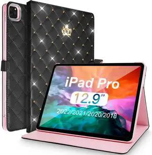 AuroiCCY for iPad Pro 12.9 inch 6th/5th/4th/3rd Case (2022/2021/2020/2018), Girly Woman Cute Crown Elegant PU Leather Bling Diamond Smart Auto Wake/Sleep Kickstand Flip Cover for iPad Pro 12.9 (Black)