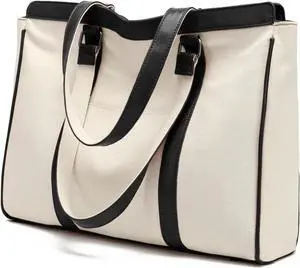 Laptop Bag 15.6 Inch with Zipper Pockets Canvas Work Tote Bags for Women Teacher Ladies, White Laptop Bag 15.6 Inch with Zipper Pockets Canvas Work Tote Bags for Women Teacher Ladies, White