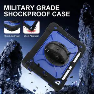 for iPad 6th Generation/iPad 5th Gen/iPad Air 2/iPad Pro 9.7" Case with Cute Key Chain, Rugged Protective Case with Rotating Stand & Shoulder Hand Strap for iPad 6th/5th/ Air 2 (Black+Blue)