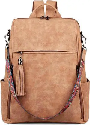 FADEON Leather Laptop Backpack for Women Designer 15.6 inch PU Laptop Bag, Ladies Travel Computer Work Backpack Brown