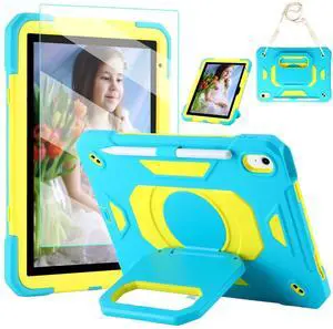 Case for iPad (A16) 2025 11th Gen 10.9'', iPad 10th Generation 2022 10.9'', with Tempered Glass Screen Protector, Rugged Kid Case with Shoulder Strap/Pencil Holder/Folding Stand (Blue+Yellow)