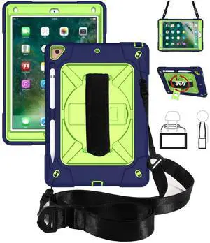 Jaorty for iPad air 2/iPad Pro 9.7 2016 case,360 Rotable Handle Kickstand Layer Pencil Holder Shockproof with Strap Shoulder Case for iPad 6th/5th Generation,New iPad 9.7 2017/2018,NavyBlue+Olivine