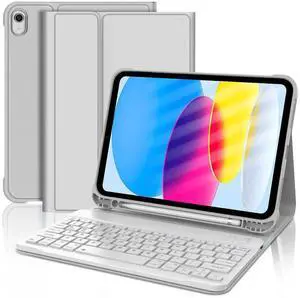 KVAGO for iPad(A16) 11th 10th Generation Case with Keyboard, Smart Stand Folio Detachable Bluetooth Keyboard Cover with Pencil Holder for iPad 11-inch 2025 10th Gen 10.9 Inch 2022 - Light Gray