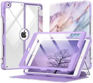 MoKo Case for iPad 9th Generation with Pencil Holder, iPad 8th/7th Gen Case 10.2-inch, Built-in Screen Protector Clear Back, Stain Resistant Multi Angle Viewing Stand, Auto Wake/Sleep, Purple Marble