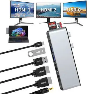 Surface Pro 11 Accessories Docking Station with Dual 4K@60Hz HDMI, USB-C Thunerbolt 4 (Display+Data+100W Charging), 2 USB 3.0, SD/TF, 3.5mm Mic, USB C Hub Adapter for Surface Pro 11/10/9/X