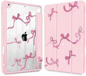 Tuiklol for iPad 10.2 case 2021 Gen 9th Release Built in Pencil Holder - Trifold Stand-Auto Wake/Sleep TPU Protection Stand Clear Back Cover for 2020 2019 [8th/7th] iPad 10.2 Case,Bow-Pink