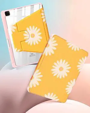 Uppuppy for iPad Pro 12.9 Case Folio Cover with Pencil Holder Girls Women Cute Kids Girly Flower Pretty Floral Kawaii Yellow Rotating Stand for Apple iPad Pro 12.9 Inch Cases 2022/2021/2020/2018