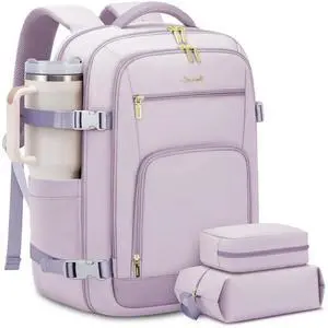 LOVEVOOK Travel Backpack For Women, 40L Carry On Backpack Flight Approved, TSA Personal Item Travel Bag Fits 17 Inch Laptop, Business Weekender Overnight Waterproof Daypack With 2 Cubes, Light Purple