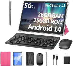 Android Tablet with Keyboard, 26GB RAM, 256GB ROM(1TB Expand), 10.1 inch Android 14 Tablet, 8000mAh Battery, BT 5.0, GMS Certified, 2.4G&5G WiFi, 2 in 1 Tablets with Mouse, Case, Stylus(Pink Case) Android Tablet with Keyboard, 26GB RAM, 256GB ROM(1TB Expand), 10.1 inch Android 14 Tablet, 8000mAh Battery, BT 5.0, GMS Certified, 2.4G&5G WiFi, 2 in 1 Tablets with Mouse, Case, Stylus(Pink Case)