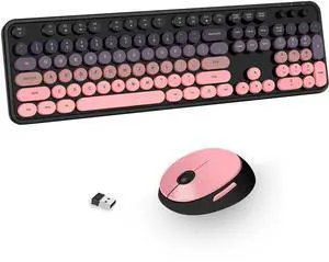 Kootop Wireless Keyboard and Mouse Combo, Cute Colorful 104 Keys Typewriter Retro Round Keycaps Keyboard for PC Laptop,Desktop,Windows, Home and Office Keyboards(Black Pink)