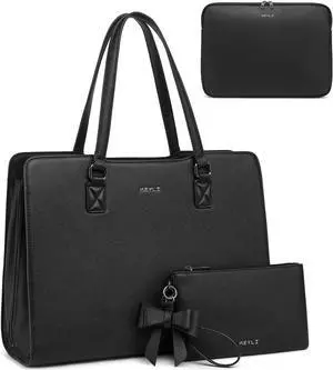 Keyli 4pc Sets Laptop Bag for Women Large Leather Laptop Briefcase with USB Charging Port Computer Shoulder tote Bags Purse, Black_2, L