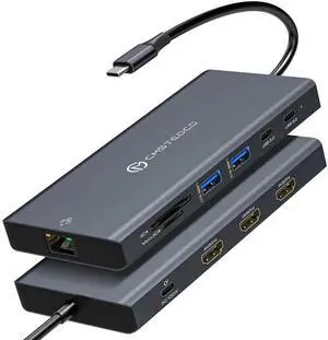 DGYBDFC USB C Laptop Docking Station 3 Monitors 100W PD 4K60Hz 12 in 1 Triple HDMI Docking Station Dual Monitor USB C Hub Multiple Adapter, 2xUSB-C 3.2, 2xUSB-A 3.0, SD Card Slot, 1000Mbps Ethernet