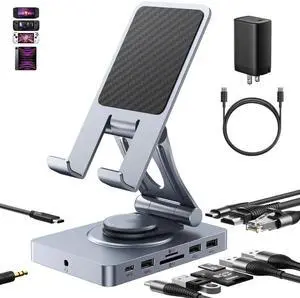 Versatile USB C Docking Station for iPad (USB-C), 11-in-1 with SD TF 4.0 Reader, 4K@60Hz HDMI, RJ45, Audio, USB A, USB c, Rotatable, Also for Tablet, Steam Deck, ROG Ally, Legion Go, with 65W Adapter