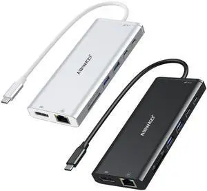 USB C Hub USB-C Docking Station Dual Monitor 14 in 1 Triple Display Multiport Adapter with 2 HDMI+DP+7 USB Type C/A Ports+Ethernet+Audio, USBC Dongle for Dell/HP/Lenovo ThinkPad(Silver+Black)