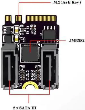 JVFYI SA-034 NGFF Key A+E PCI Express to SATA 3.0 6Gbps Dual Ports Adapter Converter Hard Drive Extension Card JMB582 2230