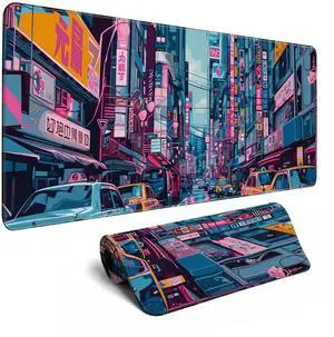 JVFYI Japanese Mouse Pad Desk Pad 80s City Desk Decor Mat, Large Gaming Mouse Pad for Desk Computer Keyboard Laptop, Desk Decor Home Office Accessories (31.5x11.8 in)-with Stitched Eges Pad