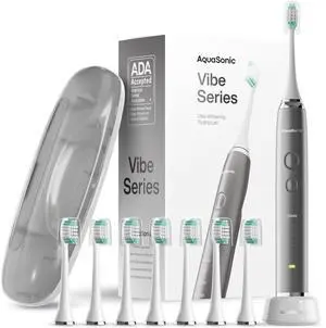 Aquasonic Vibe Series Ultra-Whitening Toothbrush ADA Accepted Electric Toothbrush - 8 Brush Heads & Travel Case 40,000 VPM Motor & Wireless Charging - 4 Modes w Smart Timer Charcoal Metallic Aquasonic Vibe Series Ultra-Whitening Toothbrush ADA Accepted Electric Toothbrush - 8 Brush Heads & Travel Case 40,000 VPM Motor & Wireless Charging - 4 Modes w Smart Timer Charcoal Metallic