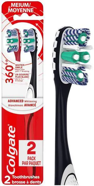 Colgate 360 Optic White Advanced Whitening Toothbrush, Adult Medium Toothbrush with Whitening Cups, Helps Whiten Teeth and Removes Odor Causing Bacteria, 2 Pack Colgate 360 Optic White Advanced Whitening Toothbrush, Adult Medium Toothbrush with Whitening Cups, Helps Whiten Teeth and Removes Odor Causing Bacteria, 2 Pack