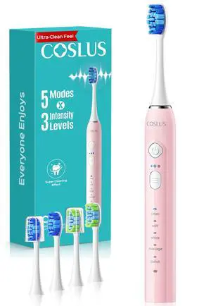 COSLUS C30 Electric Toothbrush for Adults & Kids: 3 Intensities & 5 Modes for Effective Yet Gentle Ultra-Clean Feel, 2 Types of Heads for Gentle or Daily Care, Travel & Home Use, Pink, 1PC COSLUS C30 Electric Toothbrush for Adults & Kids: 3 Intensities & 5 Modes for Effective Yet Gentle Ultra-Clean Feel, 2 Types of Heads for Gentle or Daily Care, Travel & Home Use, Pink, 1PC