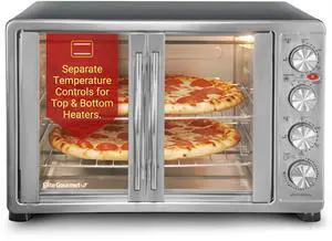 Elite Gourmet ETO-4510M French Door 47.5Qt, 18-Slice Convection Oven 4-Control Knobs, Bake Broil Toast Rotisserie Keep Warm, Includes 2 x 12" Pizza Racks, Stainless Steel