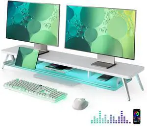 Dual Monitor Stand for Desk, 2 Tiers Monitor Riser with Acrylic Shelf & App Control LED Lights, 42.5 Inch Wood and Aluminum Desk Shelf with Phone and Tablet Holder