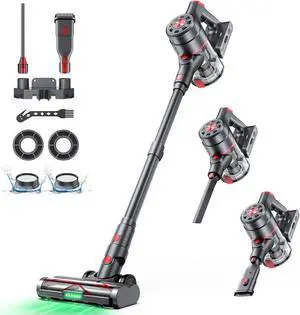 Cordless Vacuum Cleaner, 580W 60KPA Dual Motor Stick Vacuum for Home with 60mins Runtime, 6 LED Green Headlights, Self-Standing Design, V-Shaped Floor Brush for Carpet Tile Pet Hair Hardwood Floors