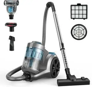 Aspiron 1700W Canister Vacuum Cleaner, 32Kpa Bagless Vacuum Cleaner, Multi-Cyclonic Filtration, 2 Anti-Allergen HEPA Filters, 3.5QT Dust Cup, 4 Tools, Corded Vacuum for Hard Floor, Pet Hair, Cyan
