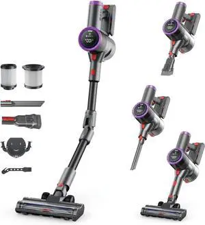 Cordless Vacuum Cleaner Bendable 6-in-1 Stick Vacuum  Lightweight with 45mins Runtime, LED Display & Headlight, Rechargeable for Carpet, Tile, Pet Hair & Hardwood Floors (Purple)