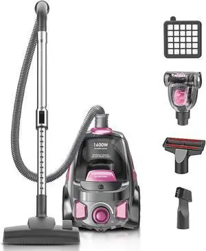 Canister Vacuum Cleaner, 32Kpa 1600W Cyclon Power, Dust Full Indicator, Double HEPA Filters, 3.7Qt Large Capacity, Lightweight Vac for Hard Floors, Carpets, Pet Hair, Pink