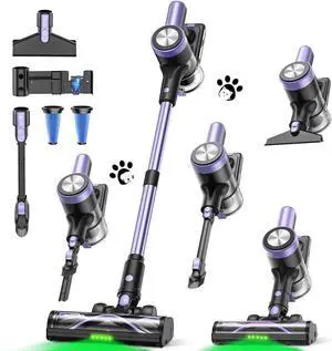 Cordless Vacuum Cleaner, 46Kpa/55 Mins Vacuum Cleaners for Home, Self-Standing Stick Vacuum with Rechargeable Dock,LED Display & Anti-Tangle,Lightweight Rechargeable Vacuum for Carpet (Violet)