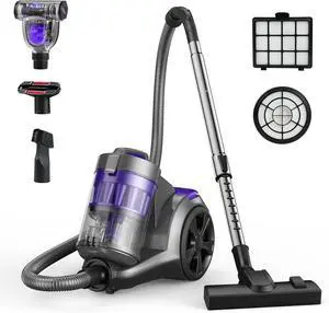 Canister Vacuum Cleaner, 1700W Bagless Vacuum Cleaner, Multi-Cyclonic Filtration, 2 Anti-Allergen HEPA Filters, 3.5QT Dust Cup, 4 Tools, Corded Vacuum for Hard Floor, Carpets, Pet Hair, Purple
