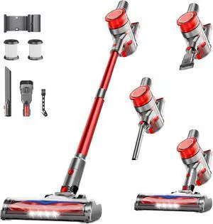 Cordless Vacuum Cleaner for Home, Powerful Stick Vacuum Cleaner with Rechargeable Battery, 6 in 1 Lightweight Handheld Vacuum, 45 Mins Runtime Cordless Vacuum for Hardfloor & Carpets Pet Hair,red