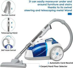 Vacmaster Bagless Canister Vacuum Portable Cyclonic Corded Vacuum Cleaner with Washable HEPA Filter & Automatic 16ft Cord Rewind Included 2.5L Dust Cup for Tiles, Hard Floor and Pet Hair