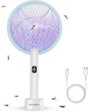 Electric Fly Swatter Racket, 2 in 1 Mosquito Bug Zapper 4100V Handheld Mosquito Killer with 1800 mAh Rechargeable Battery, Purple Light and 3-Layer Safety Mesh for Indoor Outdoor Blue
