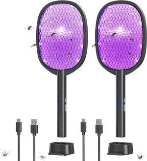 2 Pack Electric Fly Swatter 2 in 1 Bug Zapper Racket & Mosquito Zapper,4000V with USB Charging BasePowerful Mosquito Swatter with 3 Layers of Safety Net Suitable for Indoor and Outdoor
