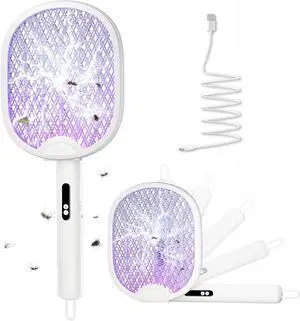 Electric Fly Swatter Foldable Bug Zapper Racket with 4000V 1800mAh Rechargeable Battery 5-Layer Safety Mesh Dual Modes with Mosquito Light Suitable for Indoor or Outdoor Use (White)