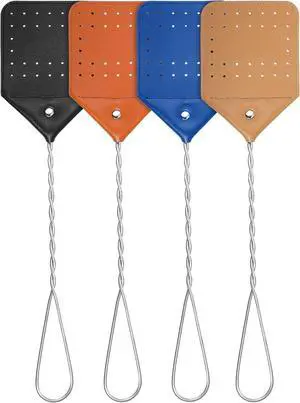 Zopeal 4 Pcs Sturdy Leather Fly Swatter 17 Inch Long Handle Manual Swat Heavy Duty Metal Handle Flyswatter Rustic Fly Swatter for Indoor Outdoor(Royal Blue, Black, Khaki, Dark Brown)