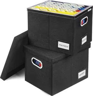 File Organizer Box with Lid - Hanging File Box with One-Piece Plastic Frame - Collapsible Decorative Document Storage Bins for Office Home (Black, 13.2x10.1x10.1in(2Pack))