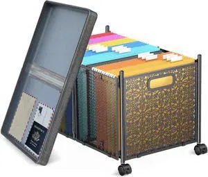 Large File Box for Hanging Letter/Legal Size Files, Decorative Metal File Box with Wheels for Office/Decor/Home, HSJD001
