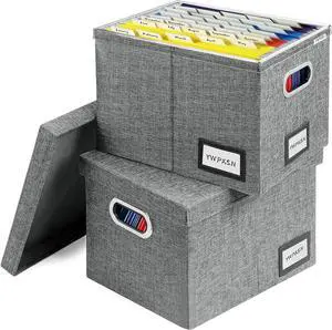 File Organizer Box with Lid - Hanging File Box with One-Piece Plastic Frame - Collapsible Decorative Document Storage Bins for Office Home (Dark Grey, 13.2x10.1x10.1in(2Pack))