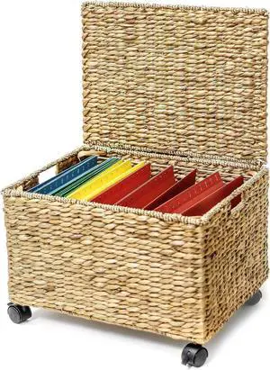 Trademark Innovations Rolling File Box Wicker File Cabinet Hanging File Baskets Water Hyacinth Storage Basket