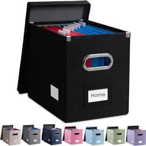 PRANDOM File Organizer Box - Set of 1 Collapsible Decorative Linen Filing Storage Hanging File Folders with Lids Office Cabinet Letter Size Black (14x9.3x10.8 inch)