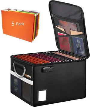 Fireproof Document Box With 5 Pack Hanging File Folders(Letter Size), File Cabinet Organizer Box Storage Filing Cabinet Box with Lock, Portable Important Document Organizer With Handle(5 Folders)